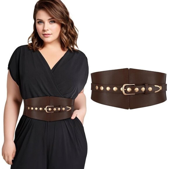 Women Elastic Chunky Stretchy Elegance Belt with Gold Rivets Buckle Daily Coffee main image 6